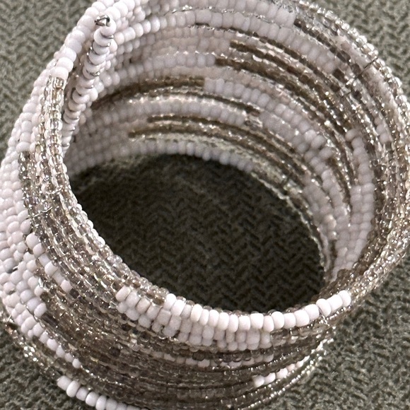 White and Silver Multi-Layered Beaded Coiled Cuff Bracelet - Picture 6 of 7